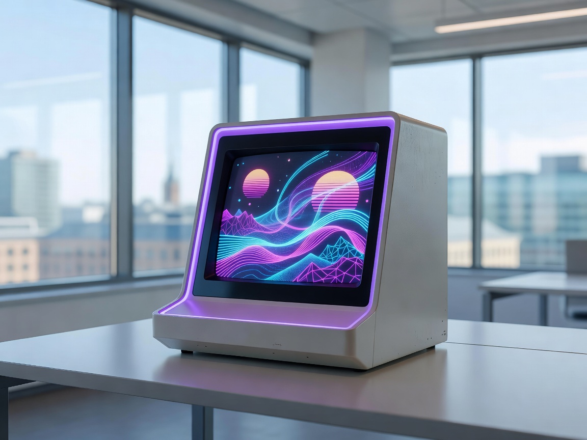 A retro arcade cabinet illuminated in neon pink and deep violet within a high-tech Helsinki simulator room