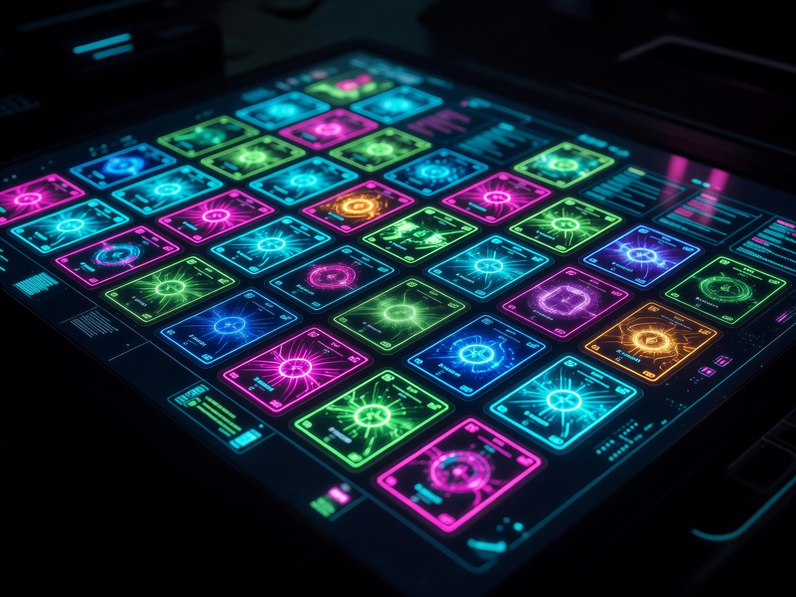 Vibrantly glowing digital card templates showing cybersecurity abstract symbols lined up neatly on a virtual table screen