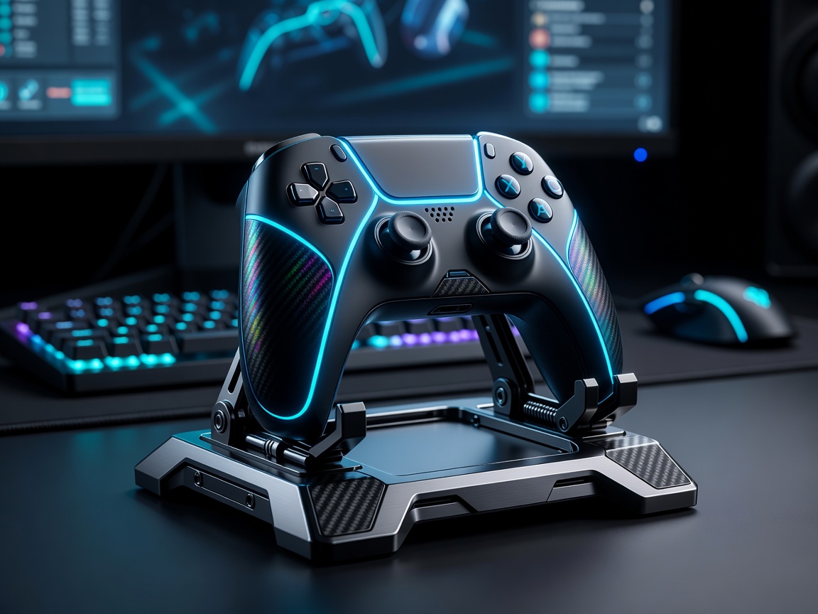 A tactical controller mockup with bright neon cyan highlights set on a digital charger base