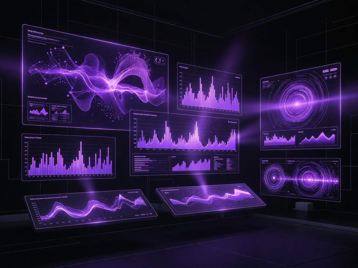 Detailed view of high resolution digital strategy screens with modern user interface layout, futuristic charts, and violet neon analytics metrics