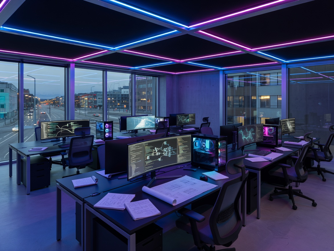 Interior views of Lyvofeedforge Oy high technology office space with computers, neon lights, and programming materials in Mannerheimintie, Helsinki, Finland
