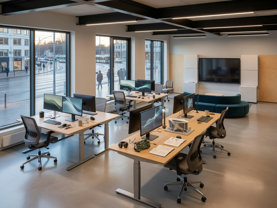 Interior views of Wonderdockvell Oy high technology office space with computers, neon lights, and programming materials in Mannerheimintie, Helsinki, Finland