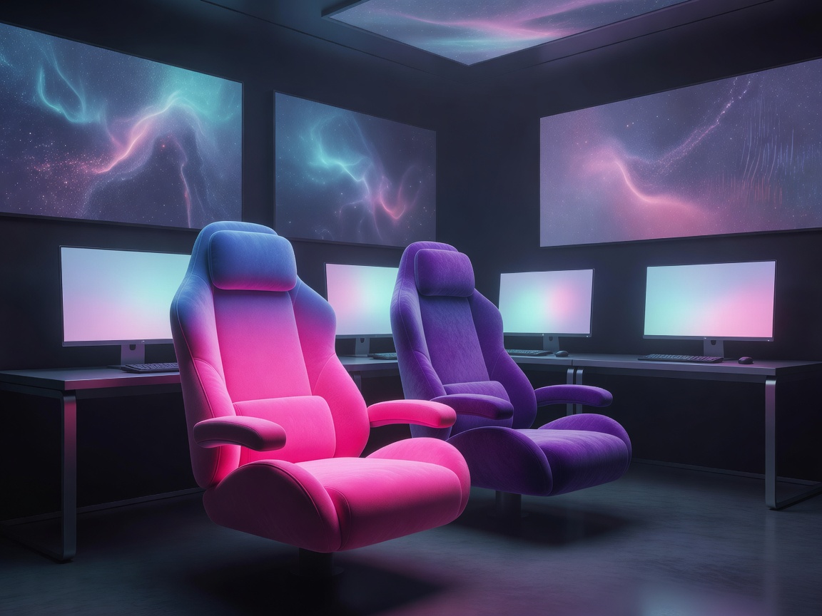 Futuristic gaming setup featuring ergonomically designed chairs surrounded by glowing purple screen ambient guides