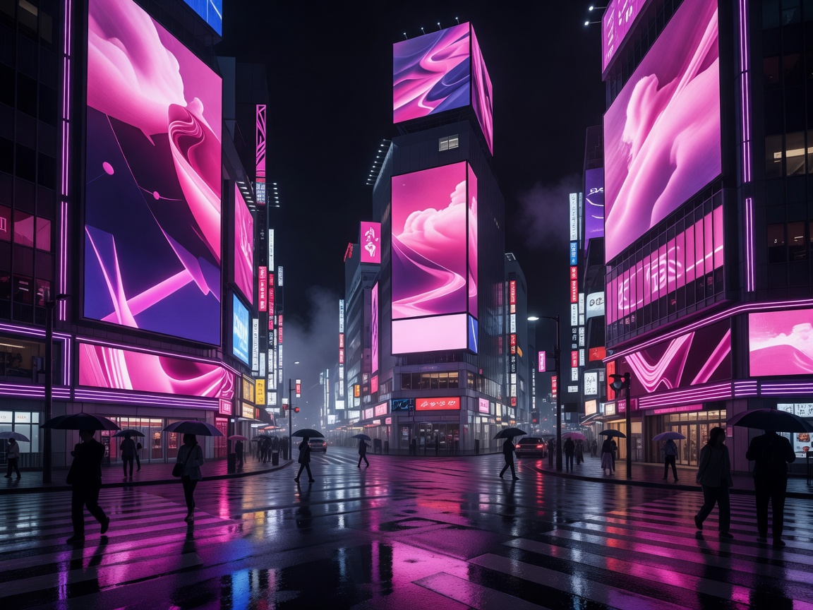 A dense dynamic cityscape street scene in high-tech urban surroundings under pink and deep purple advertisement panels