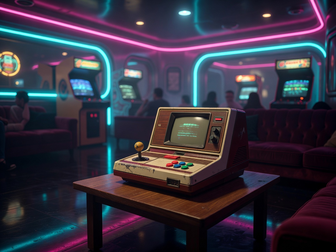 An arcade visual frame containing classic console systems inside a futuristic gaming lounge
